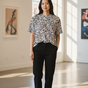 Dokotoo Women’s Animal Print T-Shirt Cream & Black Short Sleeve Crewneck | Med